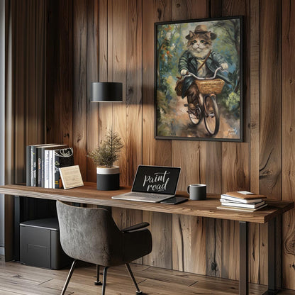 This charming oil painting features a portly, fluffy cat, adorned in a sophisticated brown hat and … for office