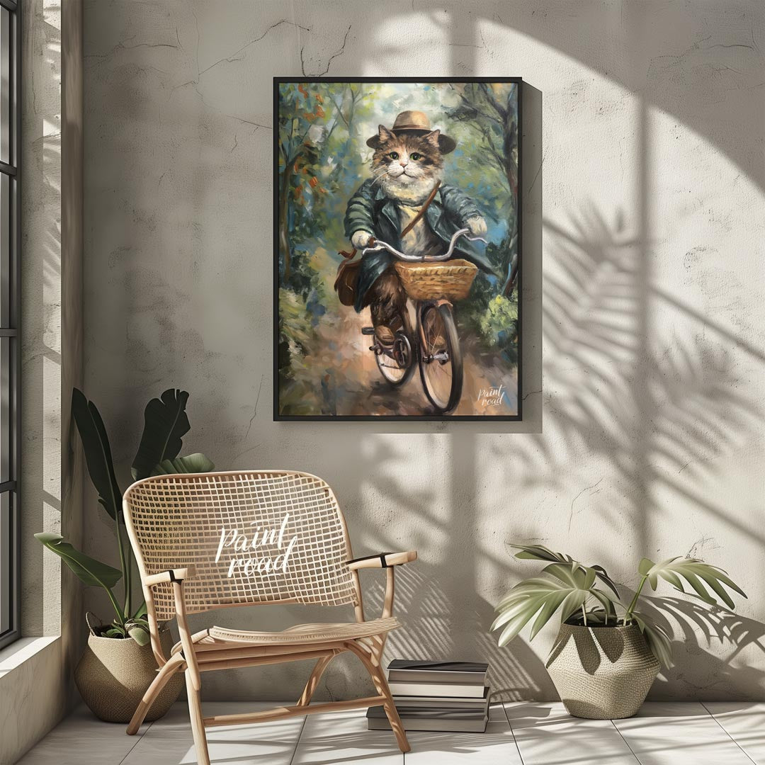 This charming oil painting features a portly, fluffy cat, adorned in a sophisticated brown hat and … for other