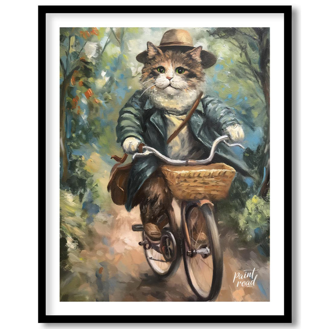 This charming oil painting features a portly, fluffy cat, adorned in a sophisticated brown hat and … for place
