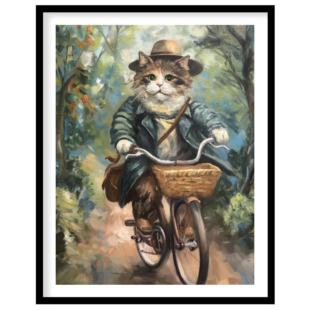 This charming oil painting features a portly, fluffy cat, adorned in a sophisticated brown hat and … for place