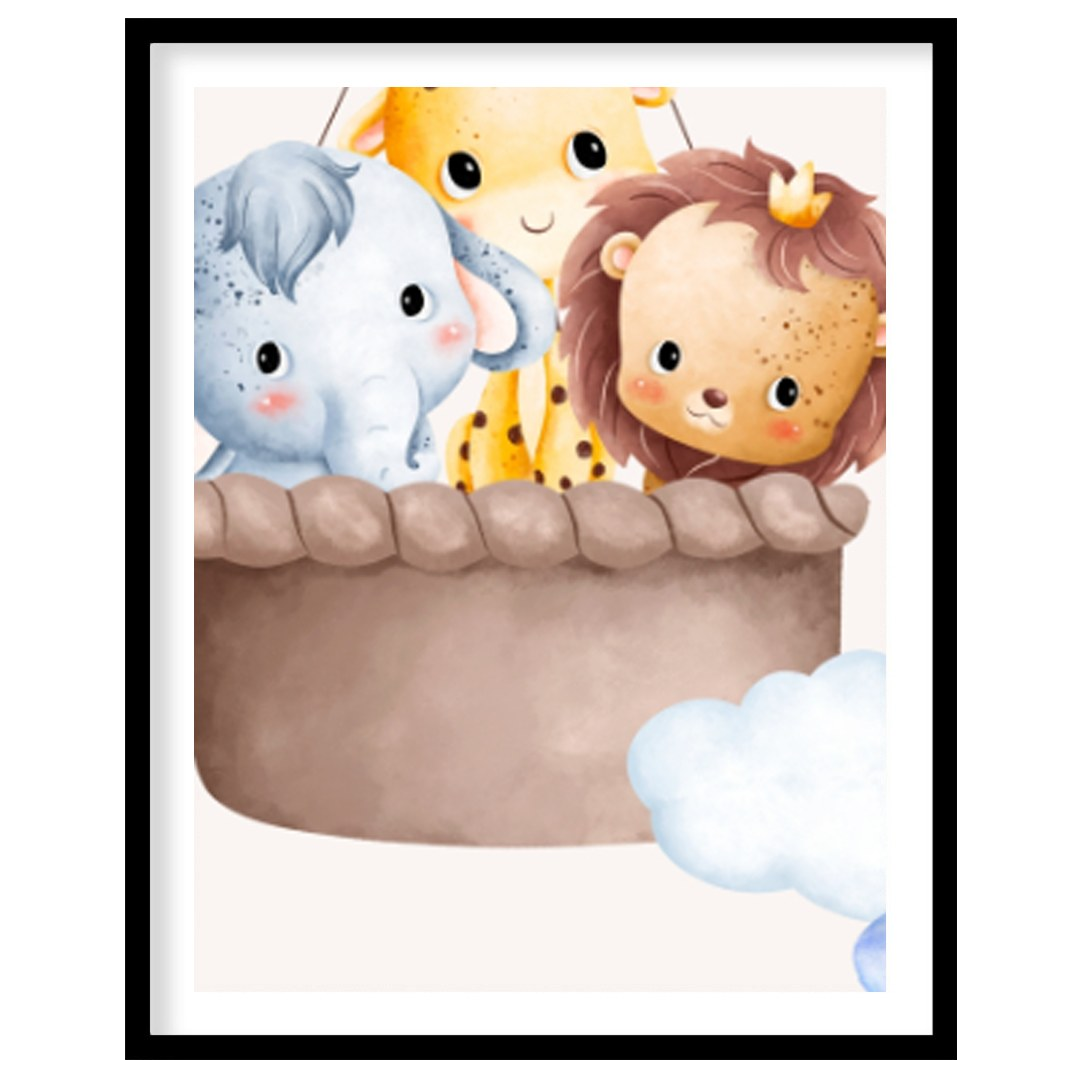 This whimsical artwork features a hot air balloon painted in soft blue and ivory tones, gently floa… for space