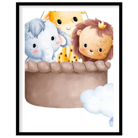 This enchanting watercolor artwork features three lovable safari animals—a lion, elephant, and gira… for place