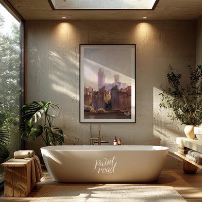 This painting captures the serene beauty of a city skyline bathed in the soft light of dawn. The ar… for bathroom