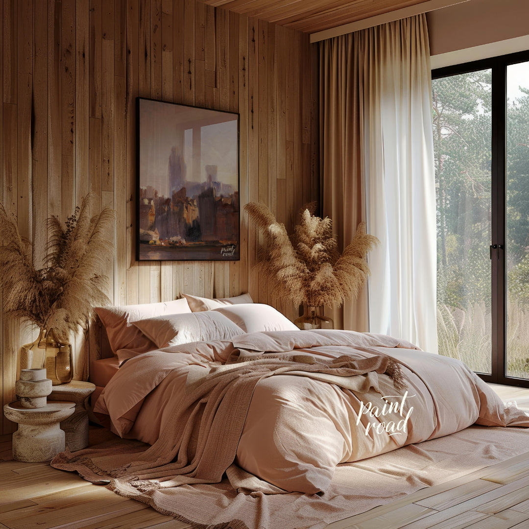 This painting captures the serene beauty of a city skyline bathed in the soft light of dawn. The ar… for bedroom