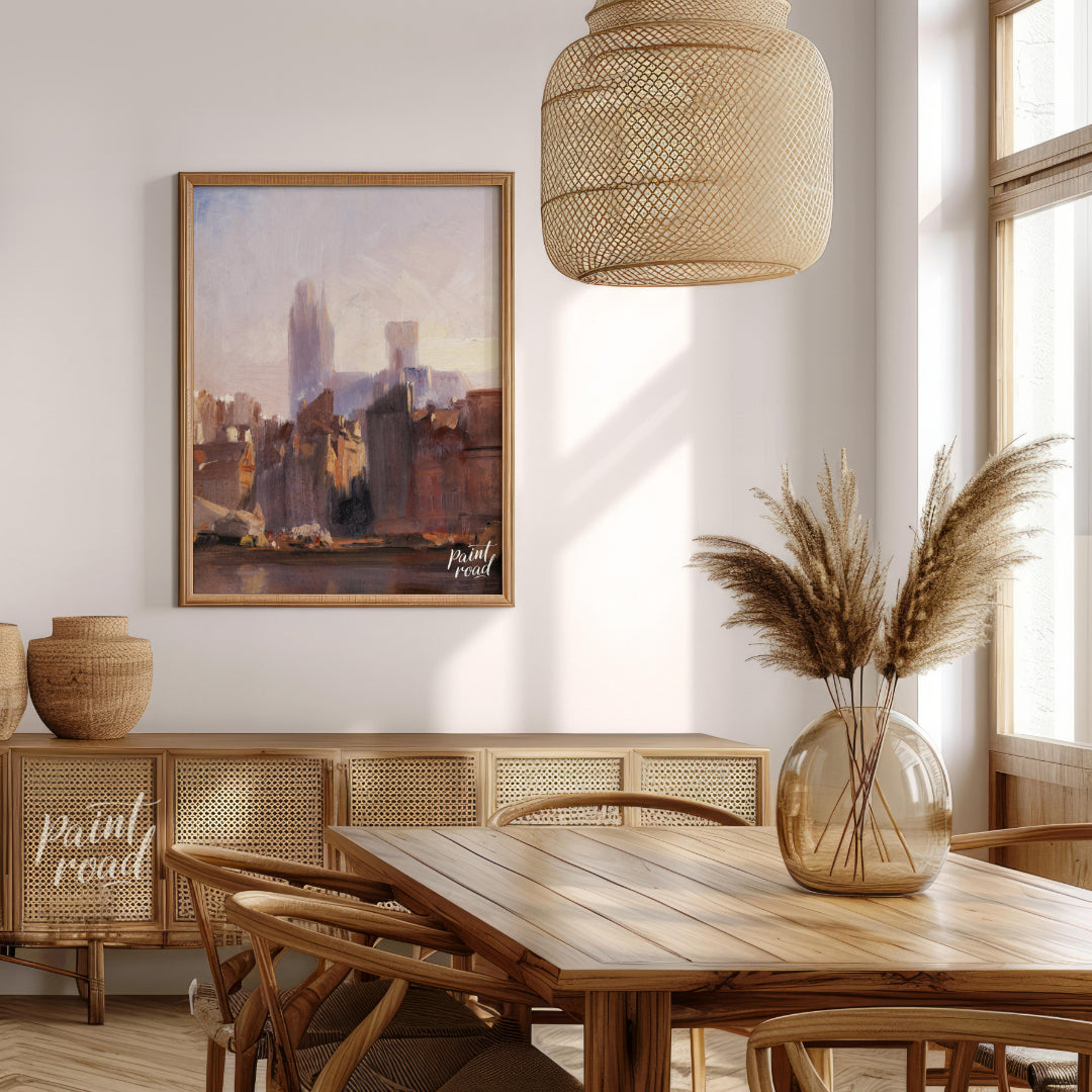 This painting captures the serene beauty of a city skyline bathed in the soft light of dawn. The ar… for dining room