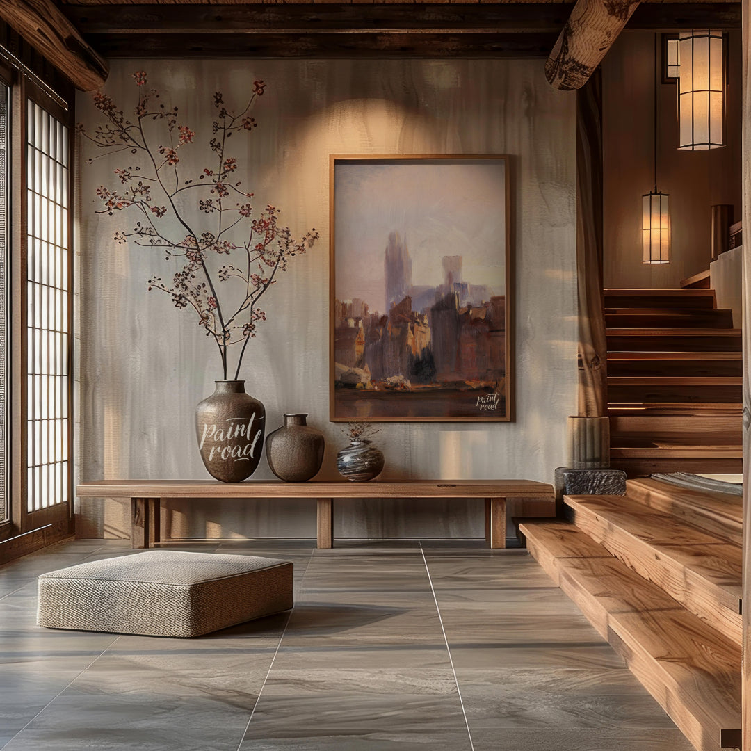This painting captures the serene beauty of a city skyline bathed in the soft light of dawn. The ar… for entryway