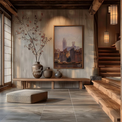 This painting captures the serene beauty of a city skyline bathed in the soft light of dawn. The ar… for entryway