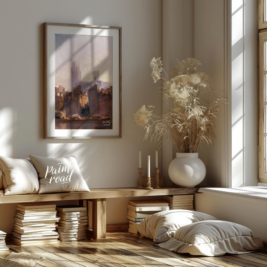 This painting captures the serene beauty of a city skyline bathed in the soft light of dawn. The ar… for living room