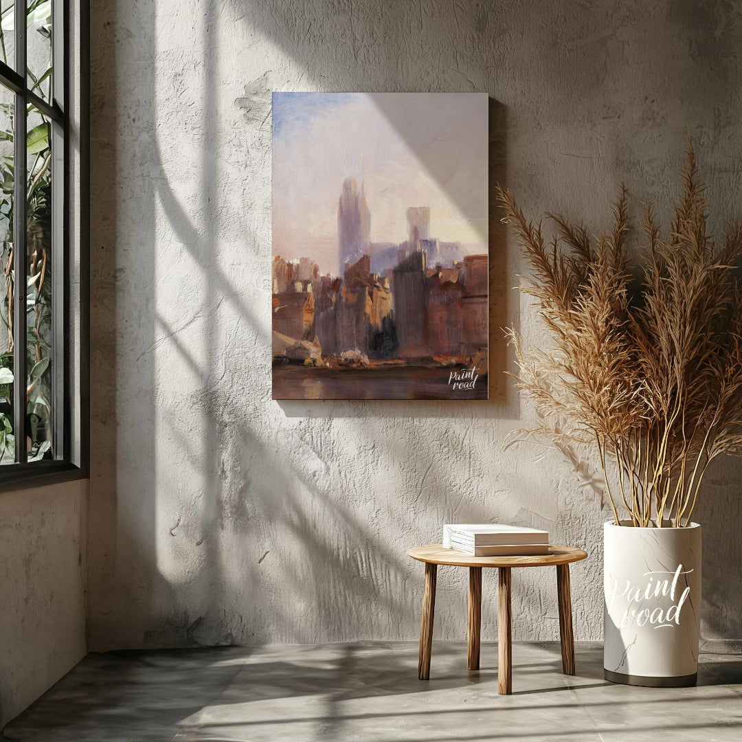 This painting captures the serene beauty of a city skyline bathed in the soft light of dawn. The ar… for living room
