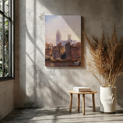 This painting captures the serene beauty of a city skyline bathed in the soft light of dawn. The ar… for living room