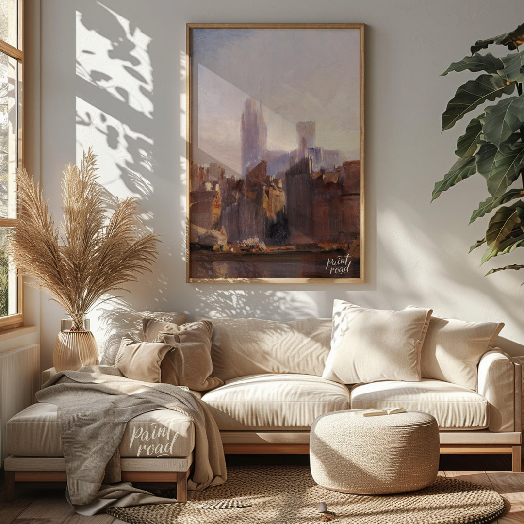 This painting captures the serene beauty of a city skyline bathed in the soft light of dawn. The ar… for living room