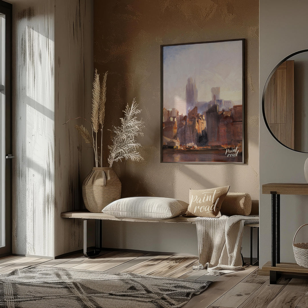 This painting captures the serene beauty of a city skyline bathed in the soft light of dawn. The ar… for living room