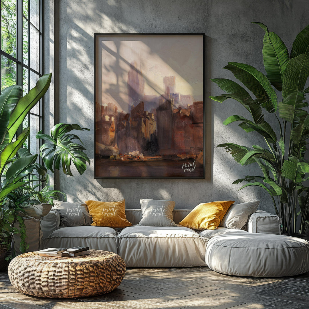 This painting captures the serene beauty of a city skyline bathed in the soft light of dawn. The ar… for living room