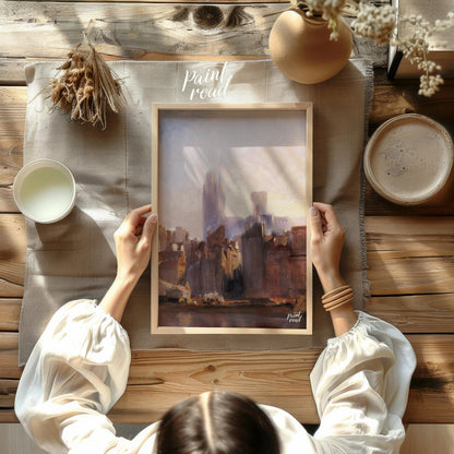 This painting captures the serene beauty of a city skyline bathed in the soft light of dawn. The ar… for other