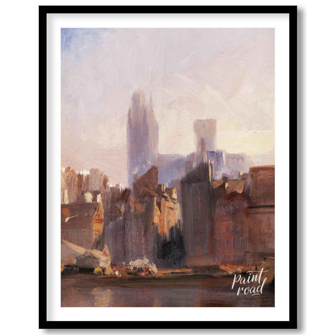 This painting captures the serene beauty of a city skyline bathed in the soft light of dawn. The ar… for space