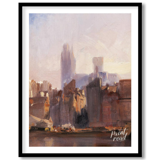 This painting captures the serene beauty of a city skyline bathed in the soft light of dawn. The ar… for space