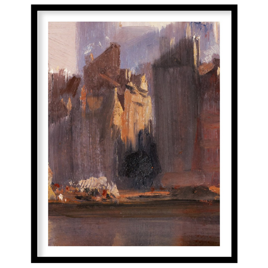 This painting captures the serene beauty of a city skyline bathed in the soft light of dawn. The ar… for space