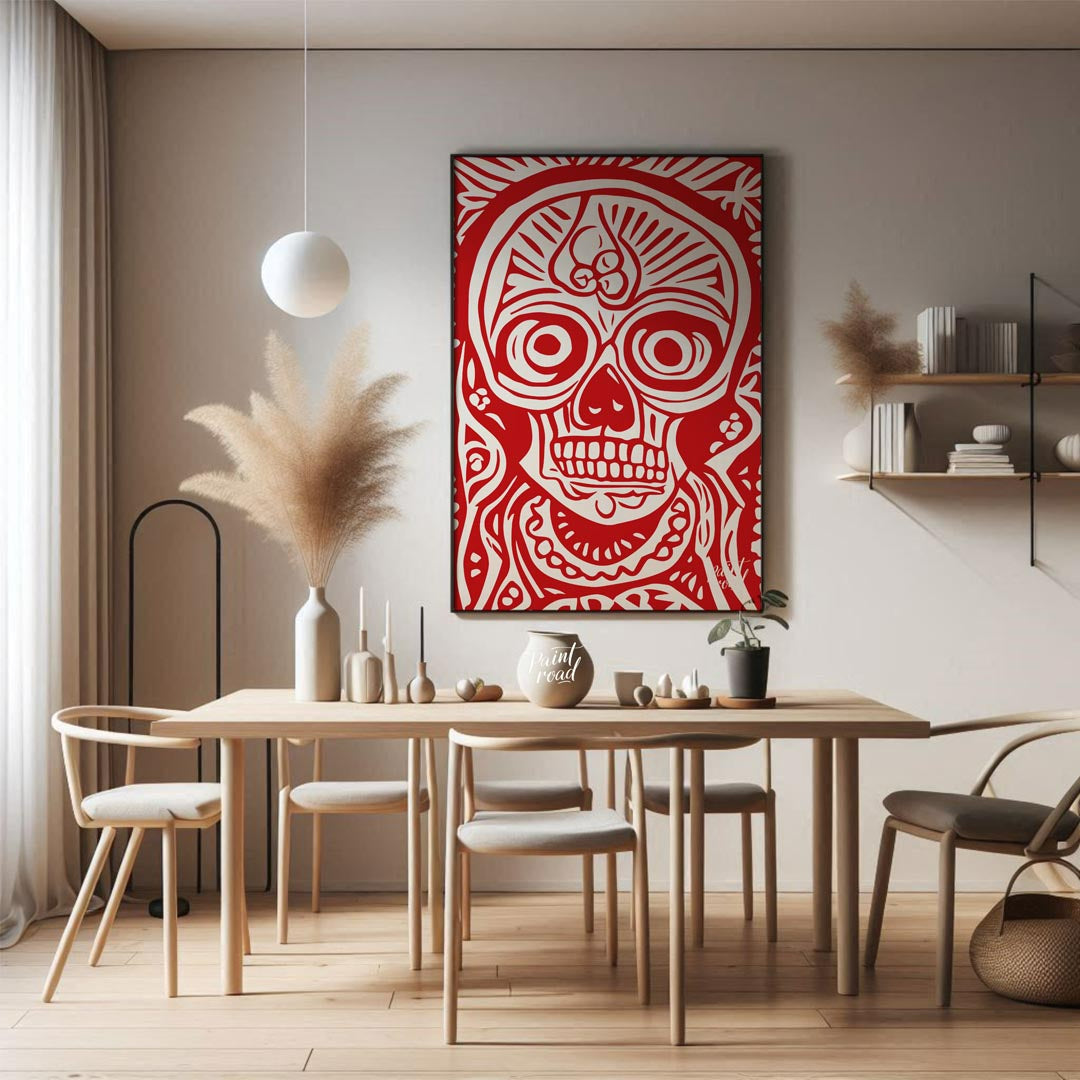 This striking art print features a bold and intricate depiction of a traditional Day of the Dead (D… for dining room