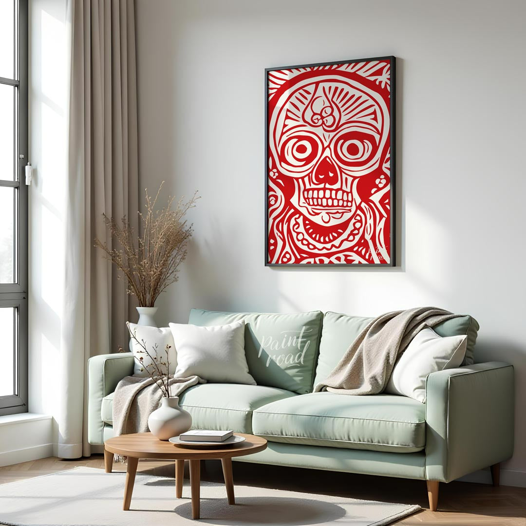This striking art print features a bold and intricate depiction of a traditional Day of the Dead (D… for living room