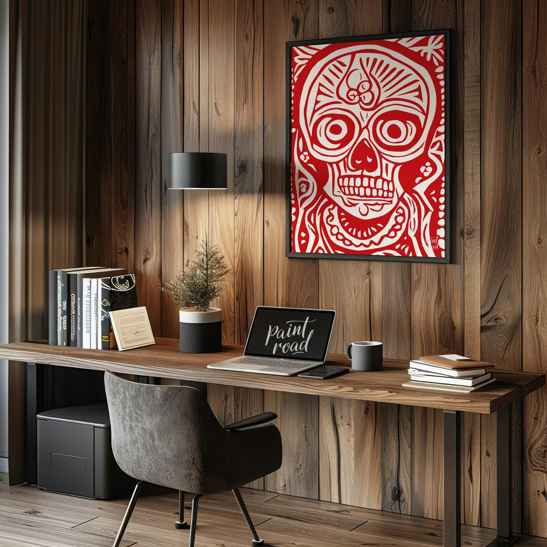 This striking art print features a bold and intricate depiction of a traditional Day of the Dead (D… for office