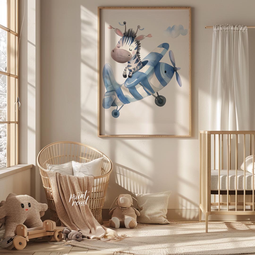 This enchanting poster features a gentle giraffe gliding across the sky on a whimsical scooter craf… for nursery