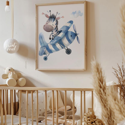 This enchanting poster features a gentle giraffe gliding across the sky on a whimsical scooter craf… for nursery