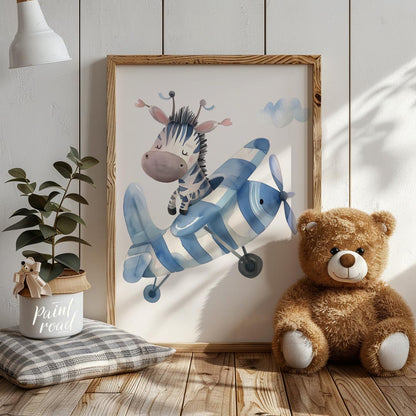 This enchanting poster features a gentle giraffe gliding across the sky on a whimsical scooter craf… for nursery