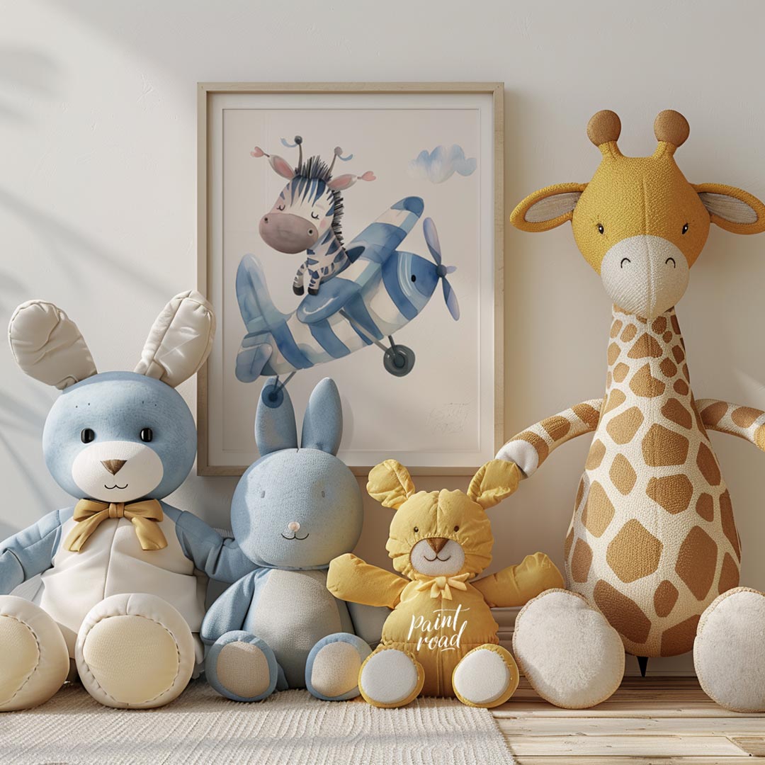 This enchanting poster features a gentle giraffe gliding across the sky on a whimsical scooter craf… for nursery