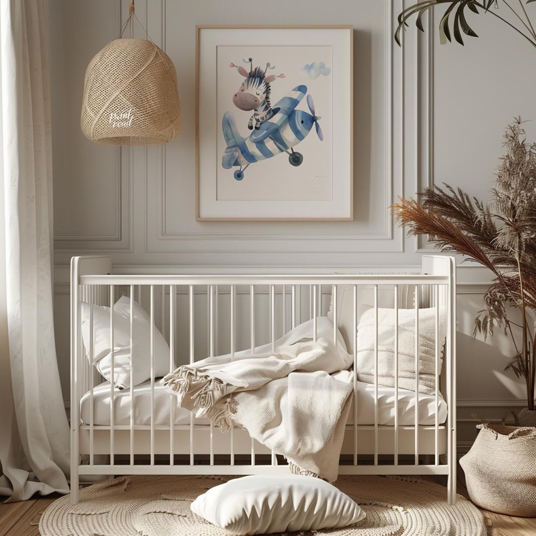 This enchanting poster features a gentle giraffe gliding across the sky on a whimsical scooter craf… for nursery