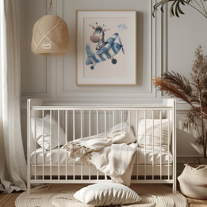 This enchanting poster features a gentle giraffe gliding across the sky on a whimsical scooter craf… for nursery