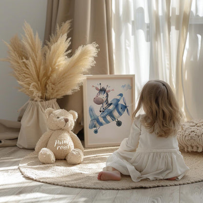 This enchanting poster features a gentle giraffe gliding across the sky on a whimsical scooter craf… for nursery