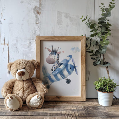 This enchanting poster features a gentle giraffe gliding across the sky on a whimsical scooter craf… for nursery