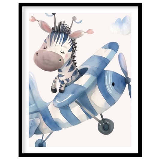 This enchanting poster features a gentle giraffe gliding across the sky on a whimsical scooter craf… for place