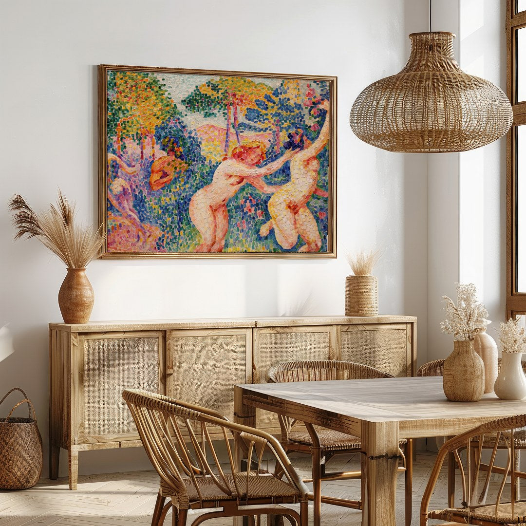 Immerse yourself in this breathtaking piece, where figures joyously interact amidst a lush, for Dining