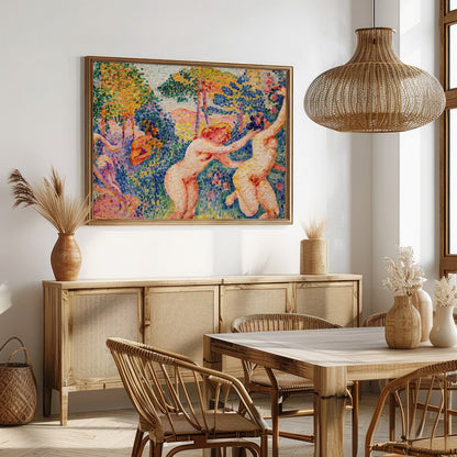 Immerse yourself in this breathtaking piece, where figures joyously interact amidst a lush, for Dining