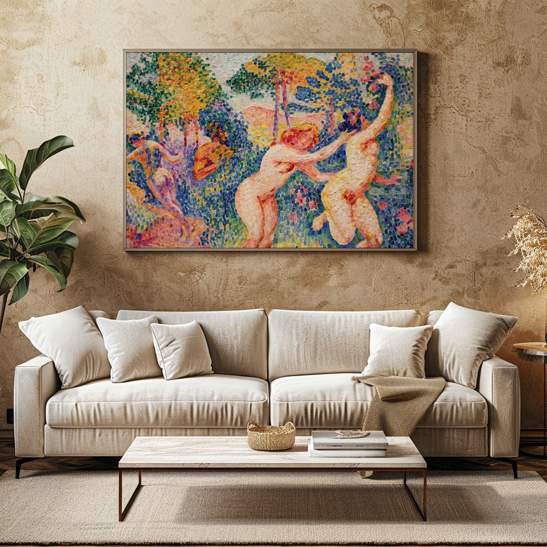 Immerse yourself in this breathtaking piece, where figures joyously interact amidst a lush, for Family Room