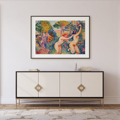 Immerse yourself in this breathtaking piece, where figures joyously interact amidst a lush, for Foyer