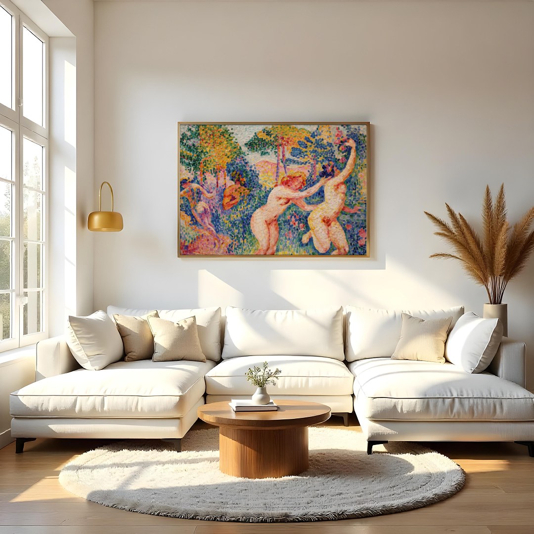 Immerse yourself in this breathtaking piece, where figures joyously interact amidst a lush, for Living Room