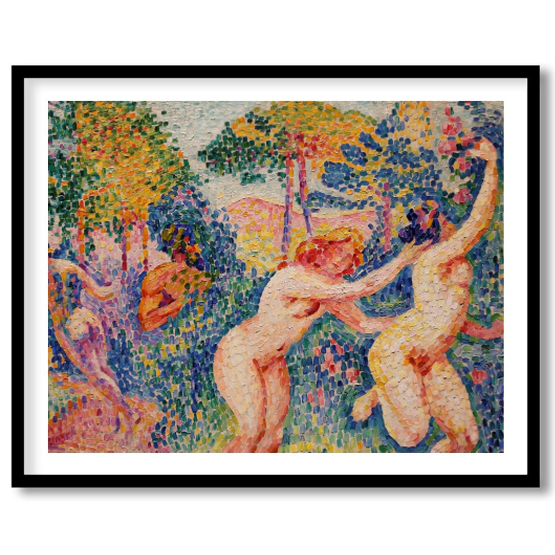 Immerse yourself in this breathtaking piece, where figures joyously interact amidst a lush, for loft