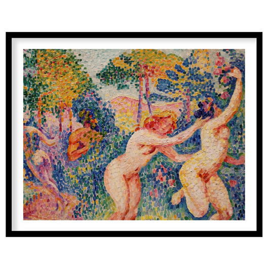 Immerse yourself in this breathtaking piece, where figures joyously interact amidst a lush, for loft