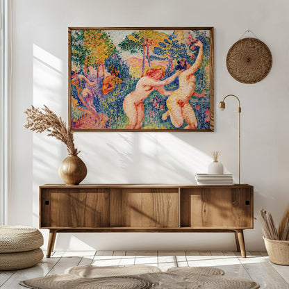 Immerse yourself in this breathtaking piece, where figures joyously interact amidst a lush, for Sitting Area