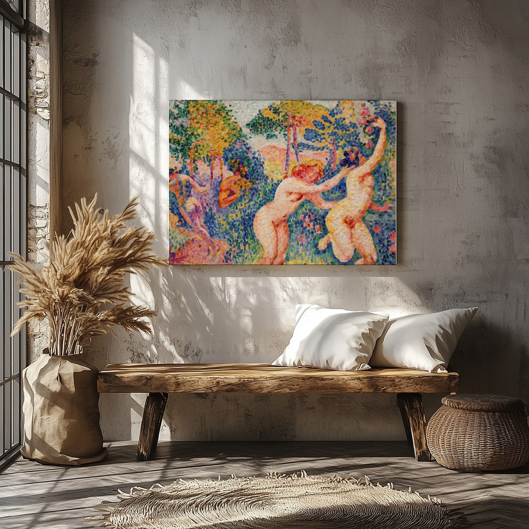 Immerse yourself in this breathtaking piece, where figures joyously interact amidst a lush, for Veranda