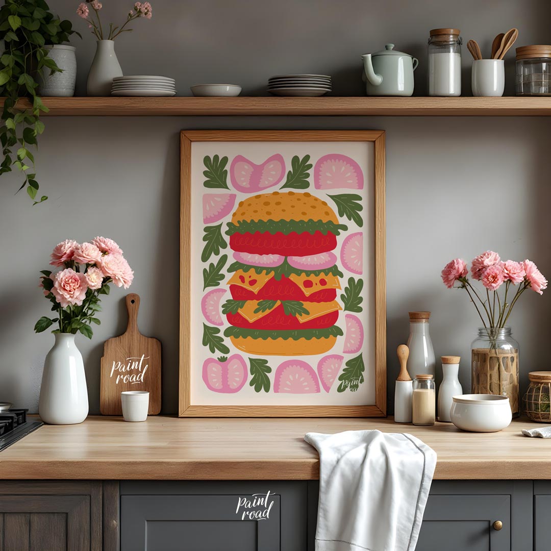 This playful and visually striking illustration presents a towering, deconstructed burger, showcasi… for kitchen