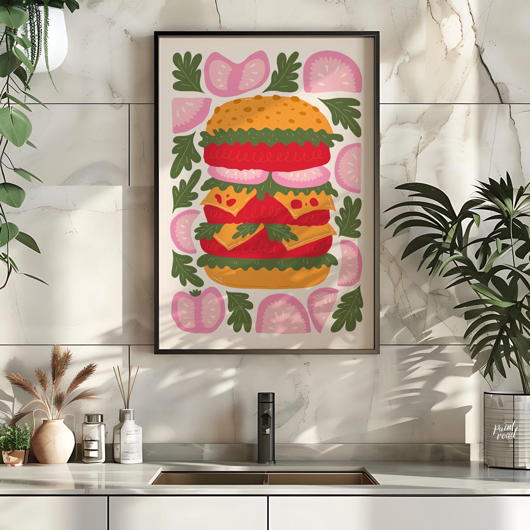 This playful and visually striking illustration presents a towering, deconstructed burger, showcasi… for kitchen