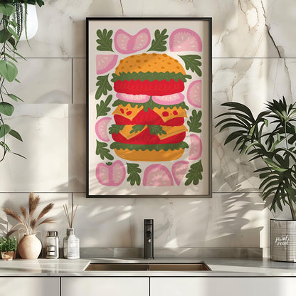 This playful and visually striking illustration presents a towering, deconstructed burger, showcasi… for kitchen