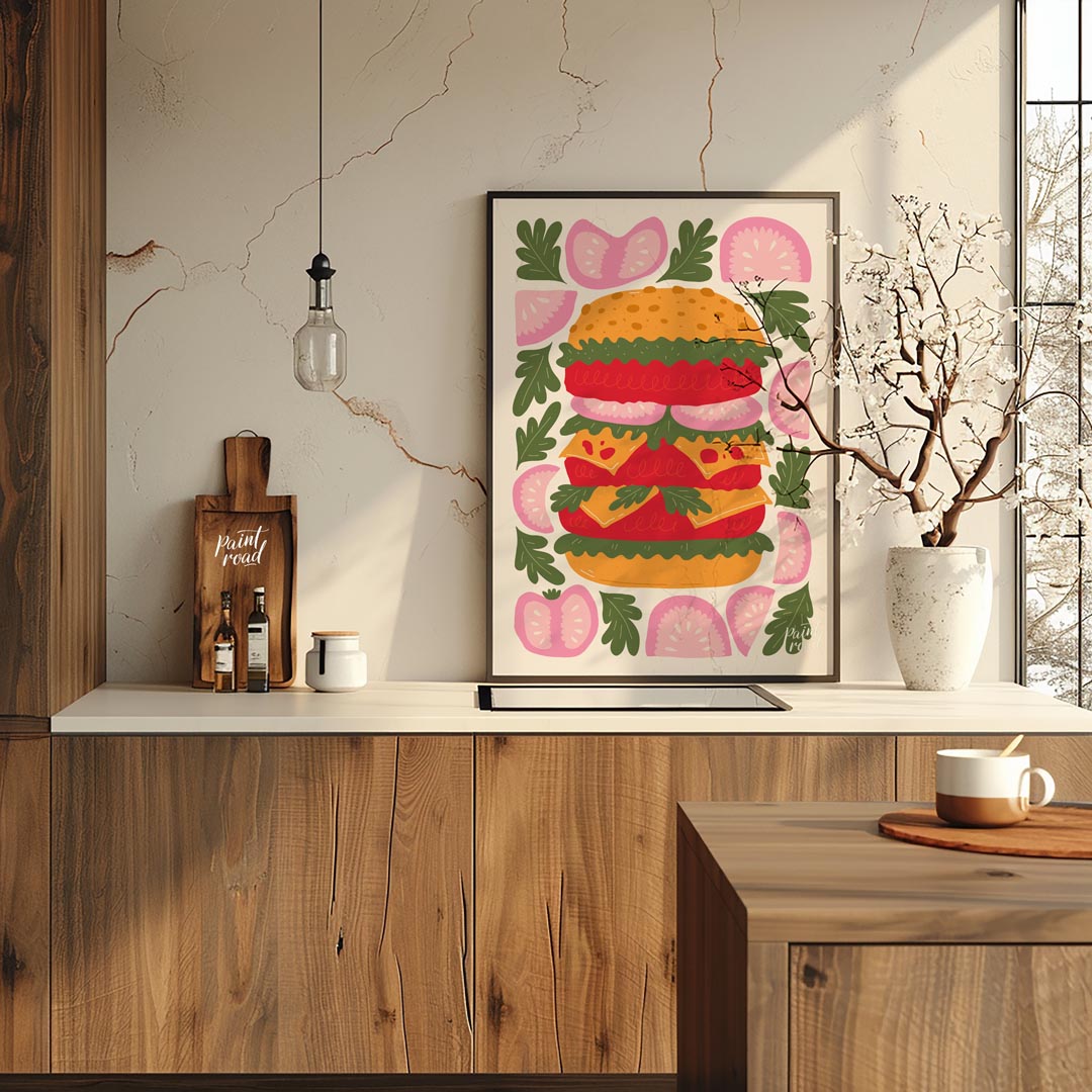 This playful and visually striking illustration presents a towering, deconstructed burger, showcasi… for kitchen