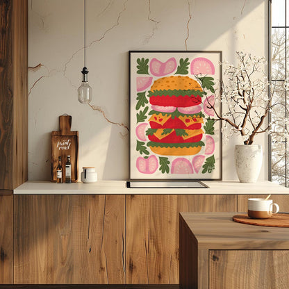 This playful and visually striking illustration presents a towering, deconstructed burger, showcasi… for kitchen