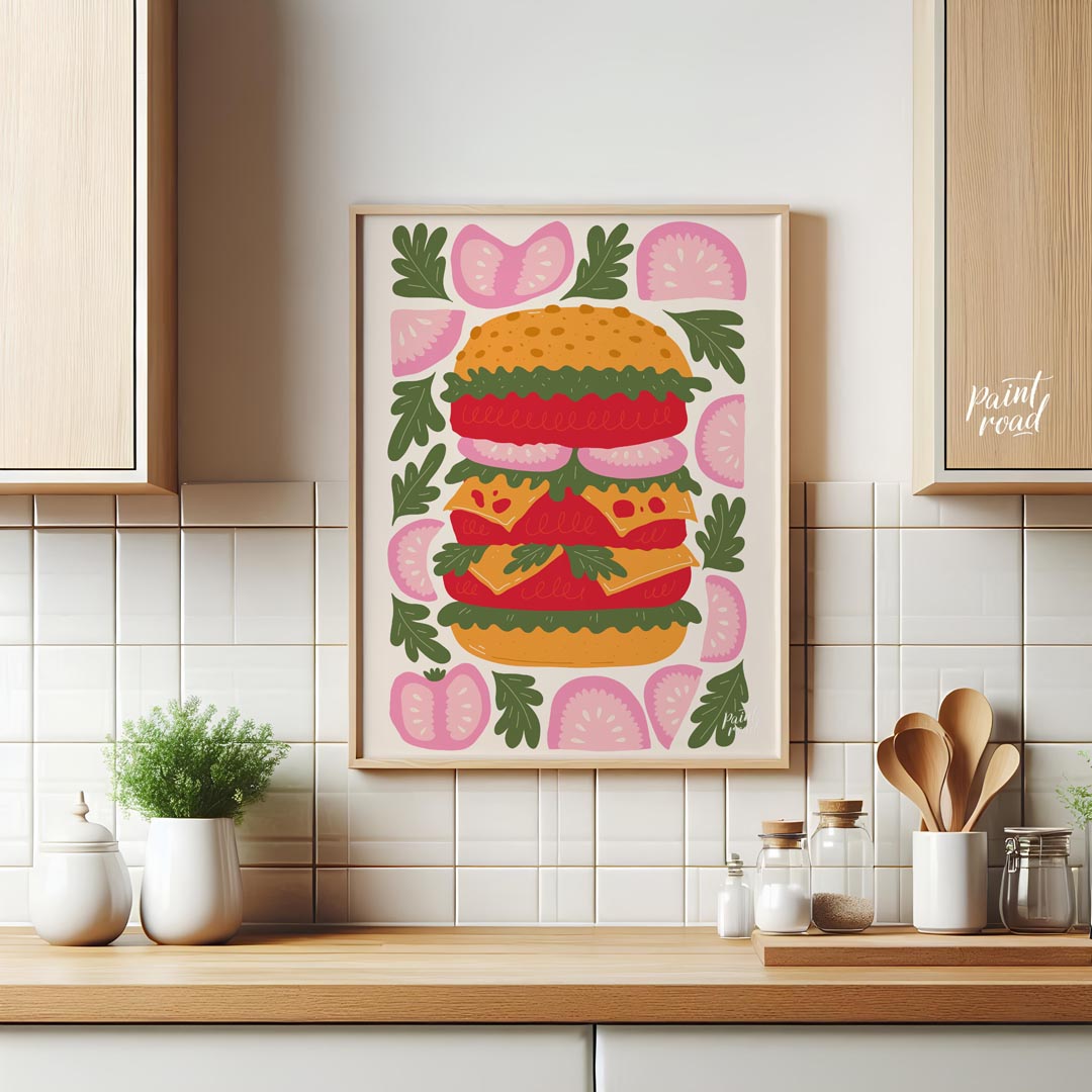 This playful and visually striking illustration presents a towering, deconstructed burger, showcasi… for kitchen