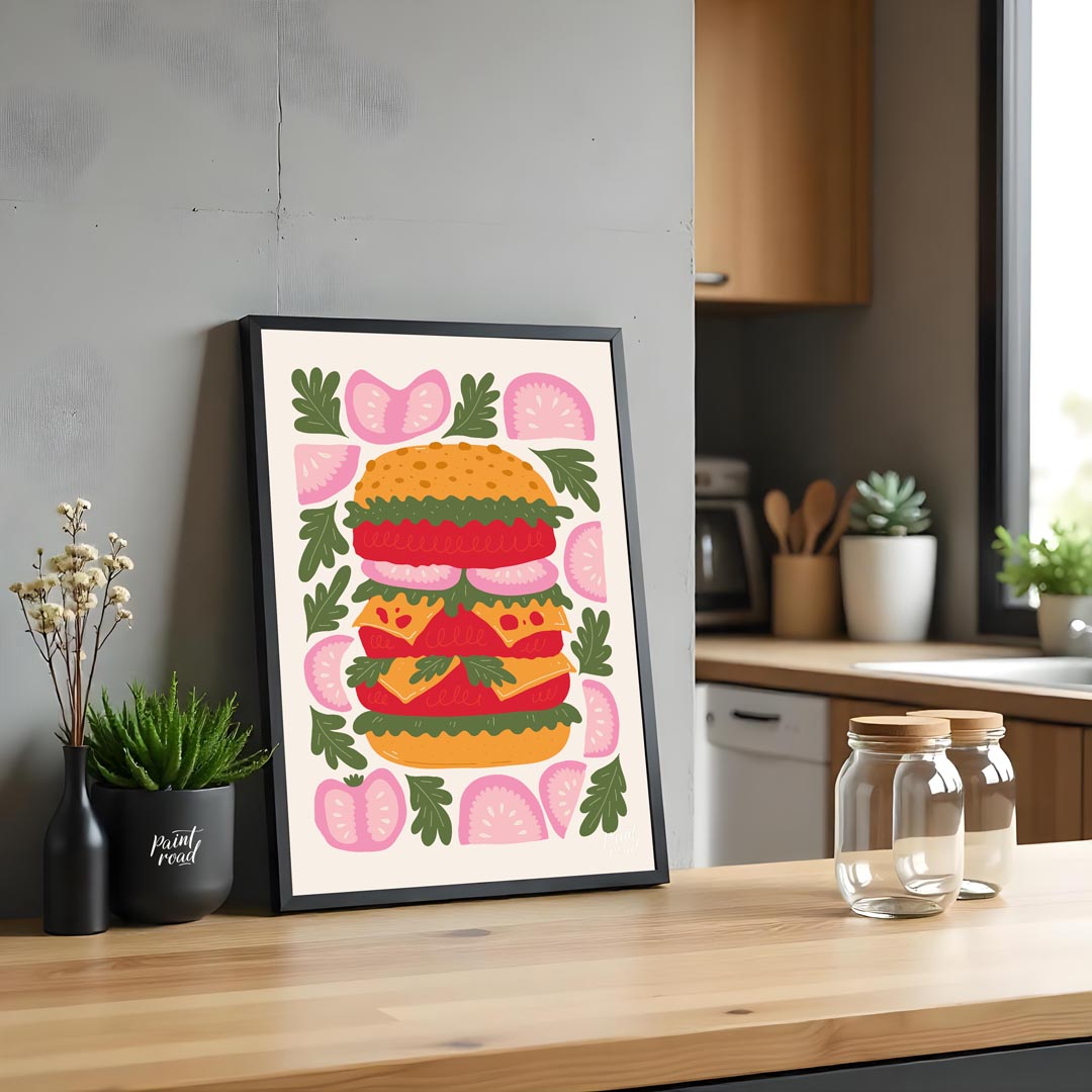 This playful and visually striking illustration presents a towering, deconstructed burger, showcasi… for kitchen