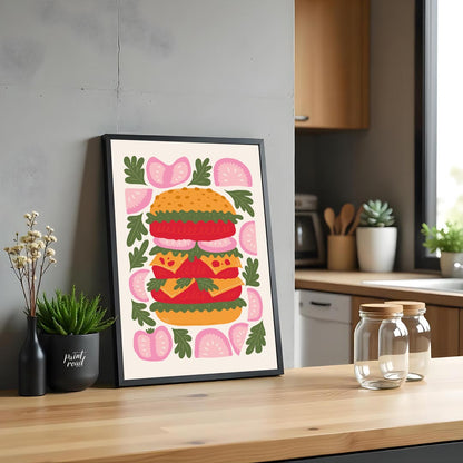 This playful and visually striking illustration presents a towering, deconstructed burger, showcasi… for kitchen